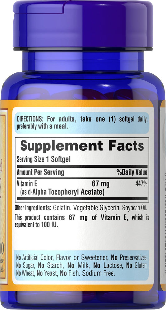 Puritan's Pride Vitamin E-100 iu 100% Naturally Sourced Item #000260