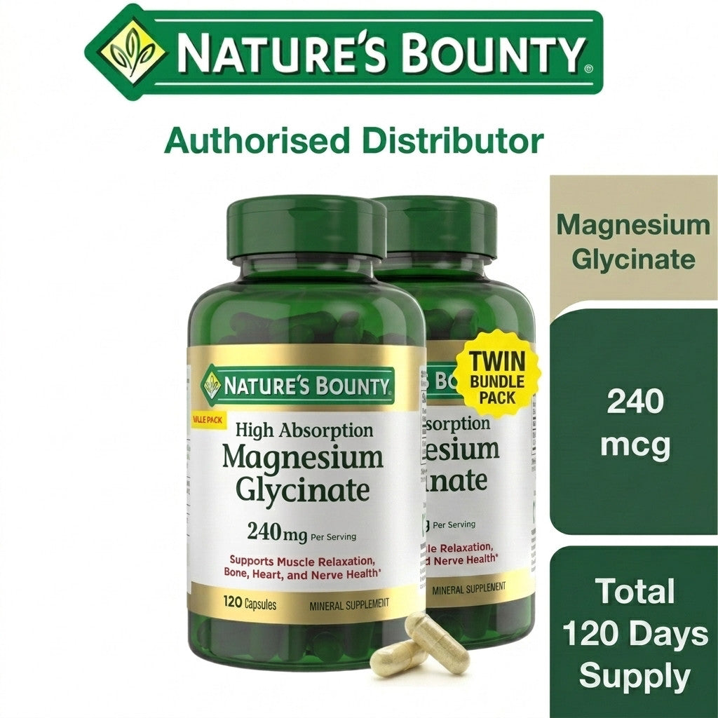 Nature's Bounty Magnesium Glycinate 120 Capsules High Absorption Muscle Recovery Deep Sleep Stress Relief Supplement