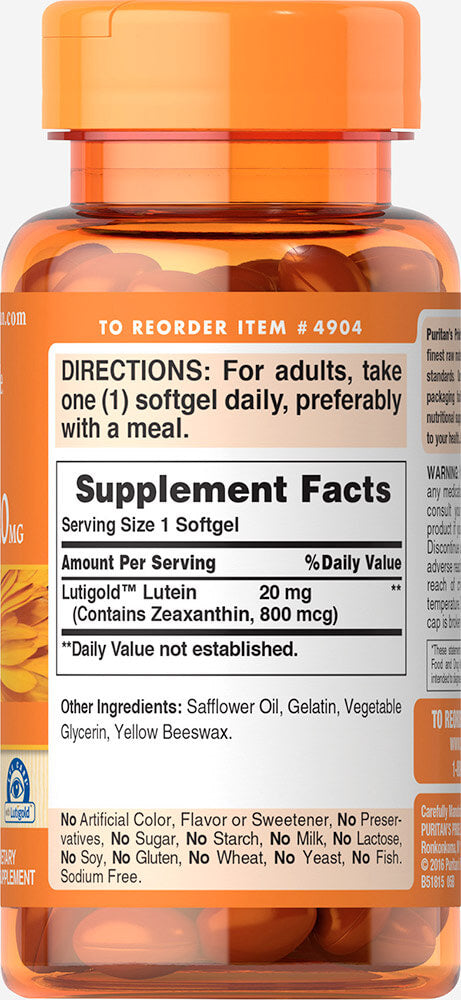 Puritan’s Pride Lutein 20 mg with Zeaxanthin 20 mg – 120 Softgels (Item #004904)