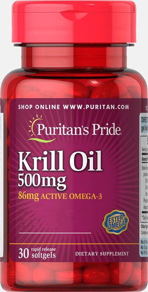 Puritan's Pride Red Krill Oil 500 mg (86 mg Active Omega-3) 500 mg / 30 Softgels / Item #053538