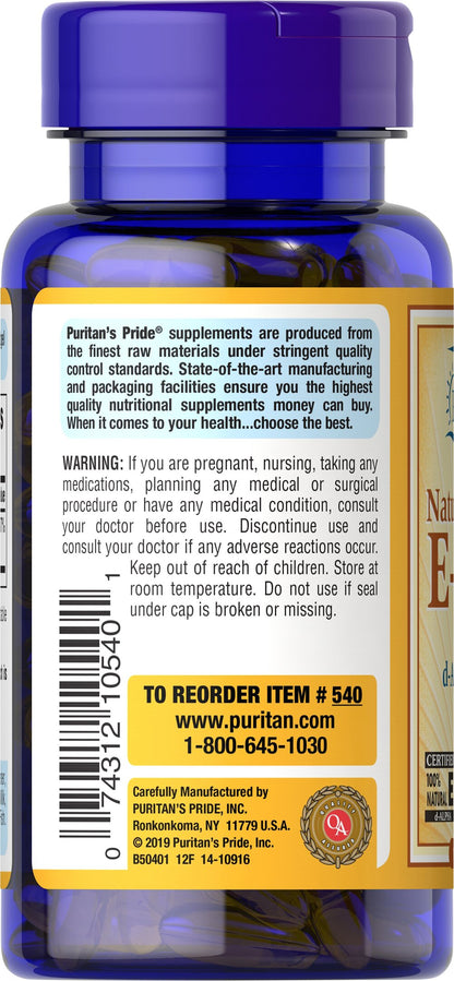 Puritan's Pride Vitamin E-400 iu 100% Natural 400 IU / 100 Softgels / Item #000540