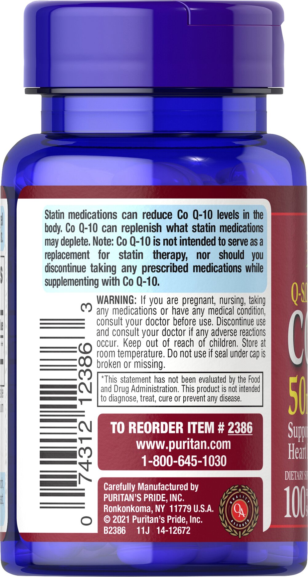 Puritan's Pride Q-SORB™ Co Q-10 50 mg / 100 Softgels / Item #002386