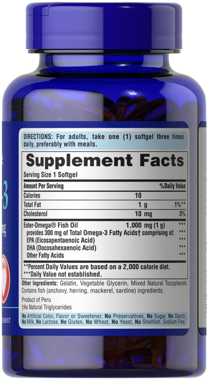 Puritan's Pride Omega-3 Fish Oil 1000 mg (300 mg Active Omega-3) 1000 mg / 100 Softgels / Item #003832