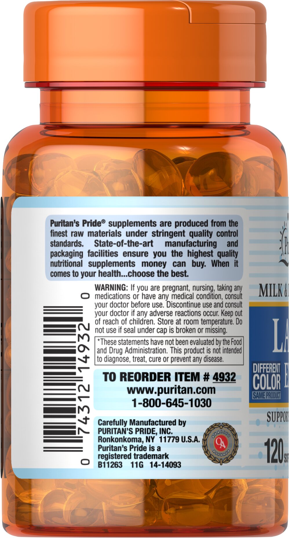 Puritan's Pride Lactase Enzyme 125 mg / 120 Softgels /  Item #004932