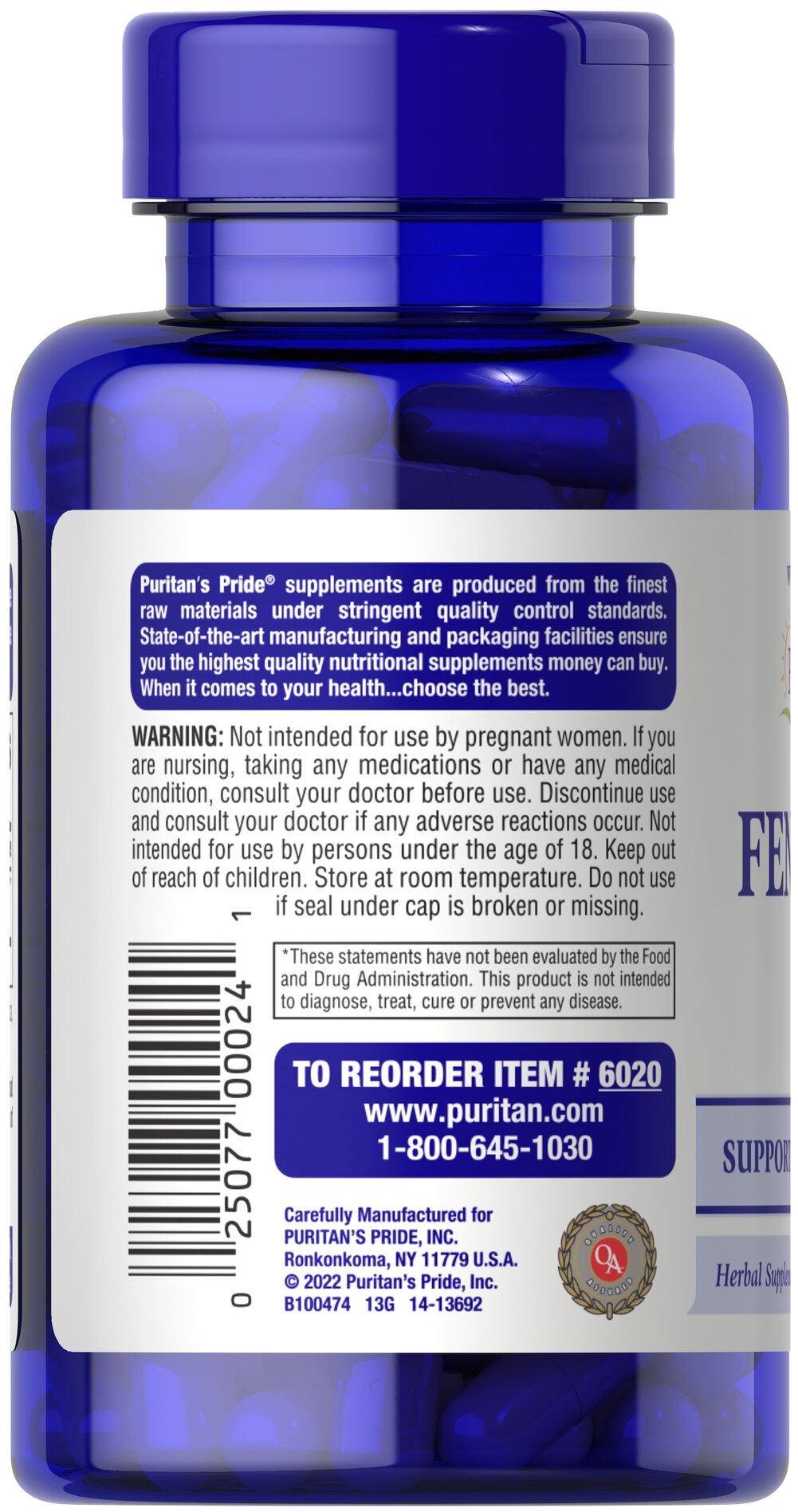 Puritan's Pride Fenugreek 610 mg / 100 Capsules / Item #006020