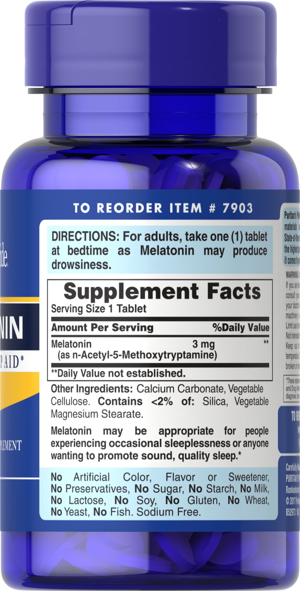 Puritan's Pride Melatonin 3 mg / 120 Tablets / Item #007903