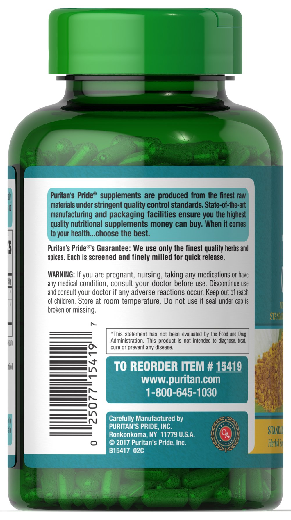 Puritan's Pride Turmeric Curcumin 500 mg / 180 Capsules / Item #015419