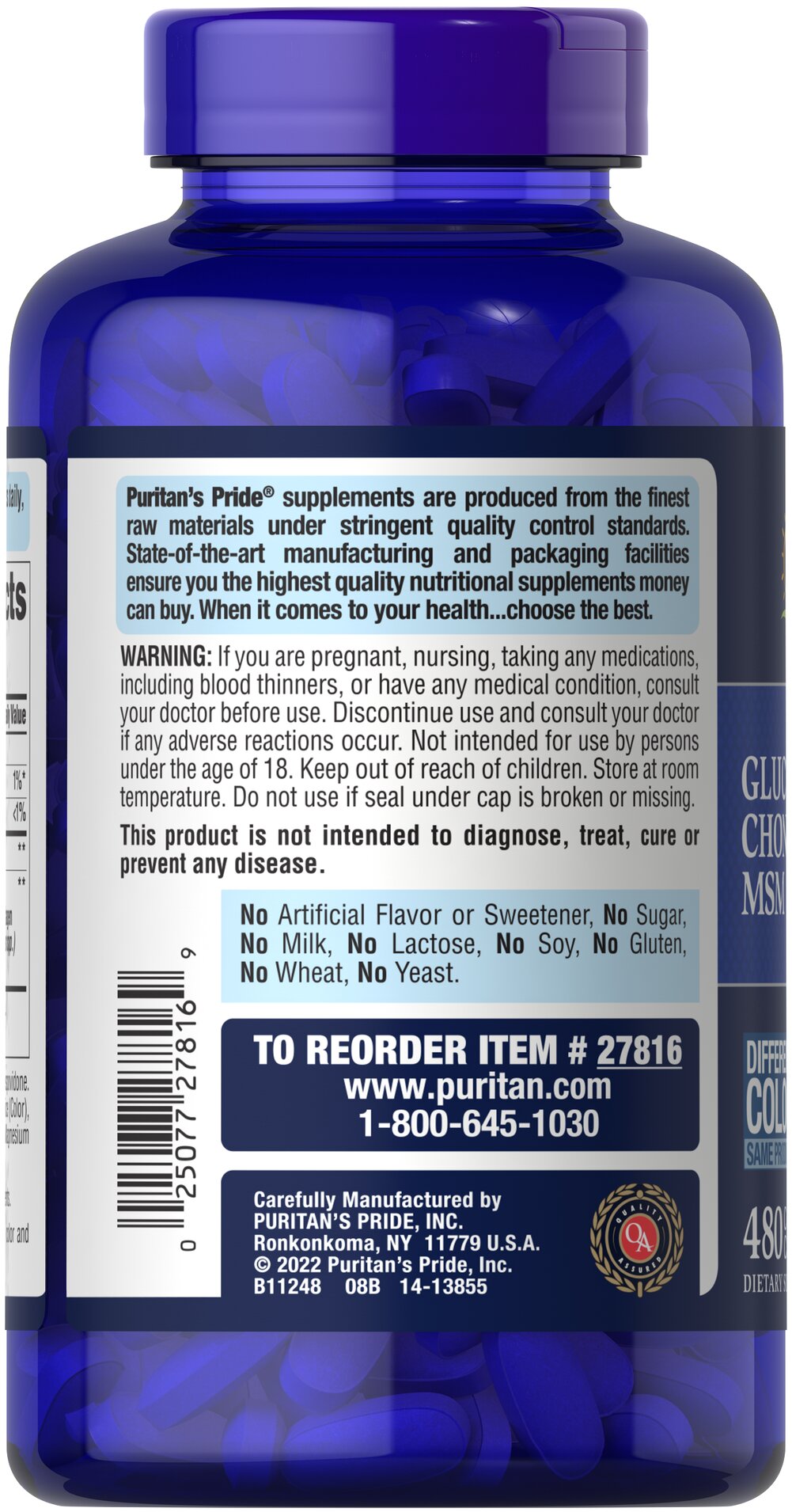 Puritan's Pride Double Strength Glucosamine, Chondroitin & MSM Joint Soother® 480 Caplets / Item #027816