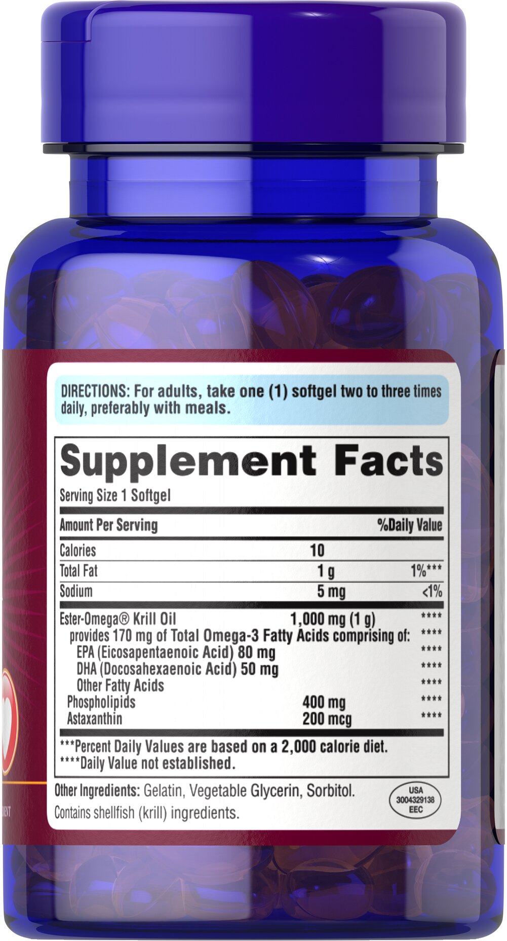 Puritan's Pride Red Krill Oil 1000 mg (170 mg Active Omega-3) 1000 mg / 30 Softgels / Item #029546