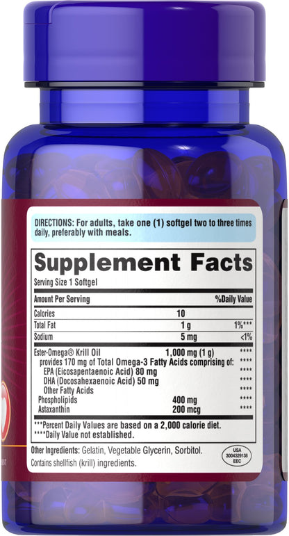 Puritan's Pride Red Krill Oil 1000 mg (170 mg Active Omega-3) 1000 mg / 30 Softgels / Item #029546