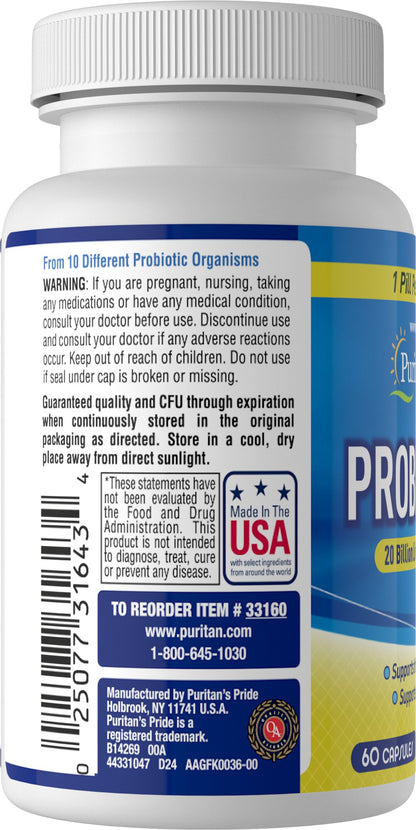 Puritan's Pride Probiotic 10   / 60 Capsules / Item #031643