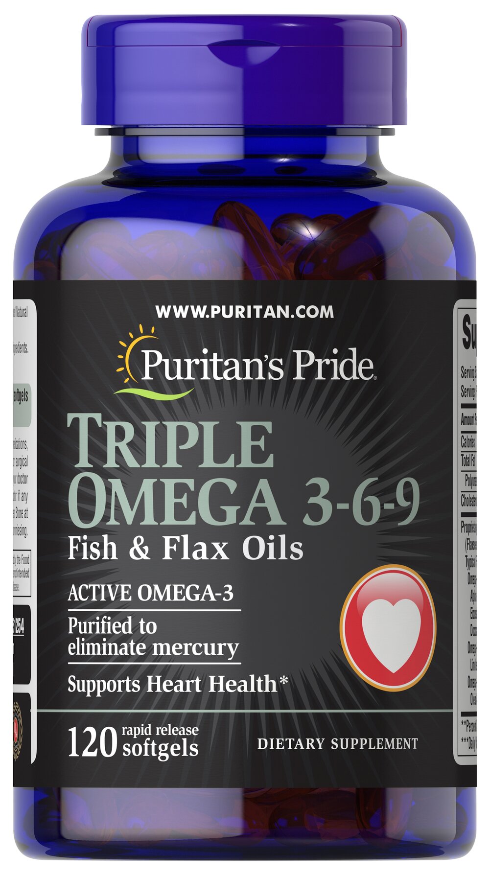 Puritan's Pride Triple Omega 3-6-9 Fish & Flax Oils 120 Softgels / Item #051254
