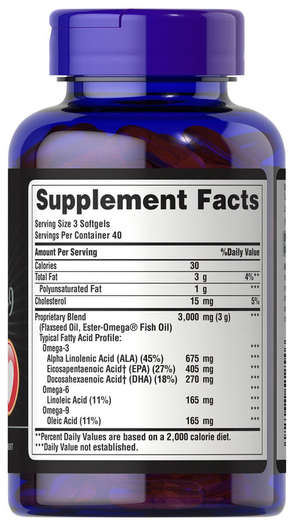 Puritan's Pride Triple Omega 3-6-9 Fish & Flax Oils 120 Softgels / Item #051254