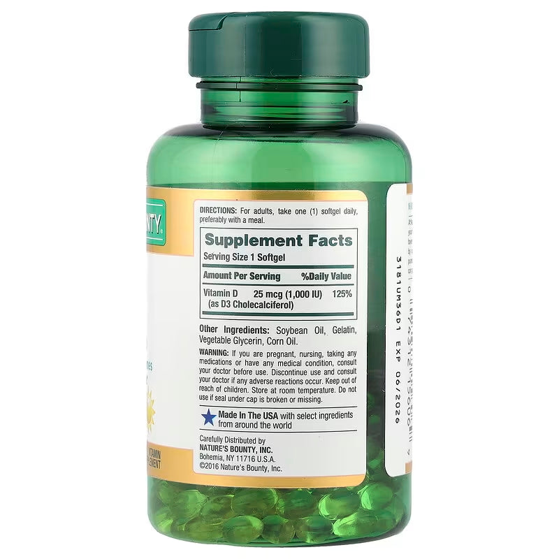 Nature’s Bounty Vitamin D3 Rapid Release Softgels, 1000 IU, 250 Count