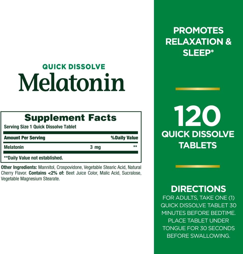 Nature's Bounty, Melatonin Sleep Aid Tablets, Natural Cherry, 3 mg, 120 Quick Dissolve Tablets