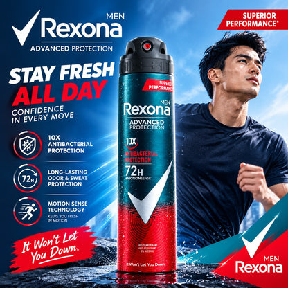 Rexona Men Advanced Protection 10X Antibacterial 72H Deodorant Spray 200ml MotionSense 0 Alcohol