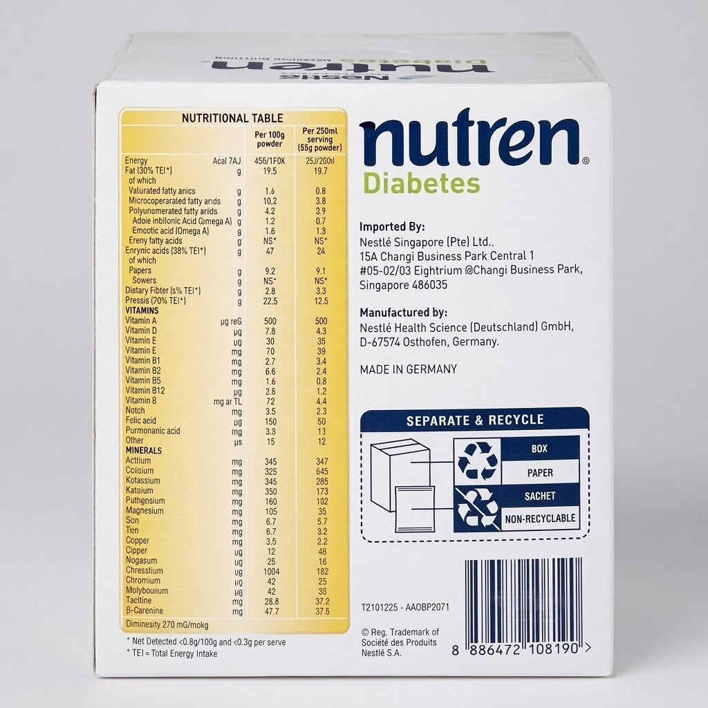 Nestle Nutren Diabetes Coffee Powder 550g 10x55g Sachets Low GI Meal Replacement Blood Sugar