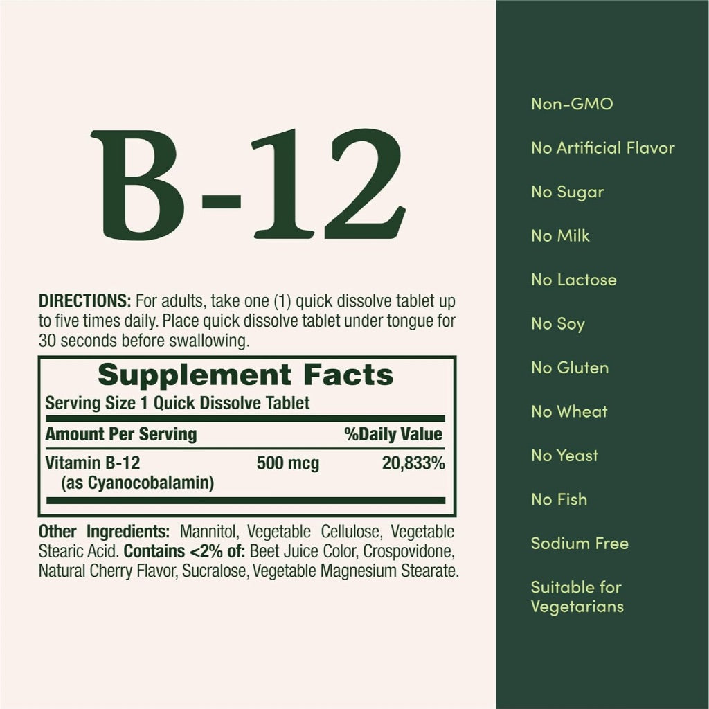 Nature’s Bounty Vitamin B 12 500mcg Natural Cherry 100 Quick Dissolve Tablets