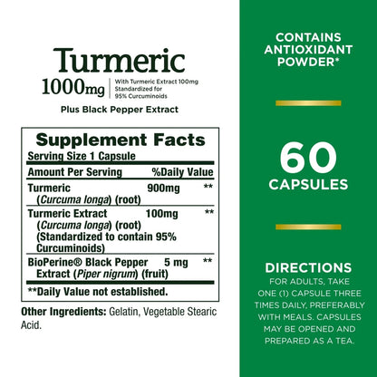 Nature's Bounty Turmeric with Black Pepper Extract, Supports Antioxidant Health, 1000mg, 60 Capsules