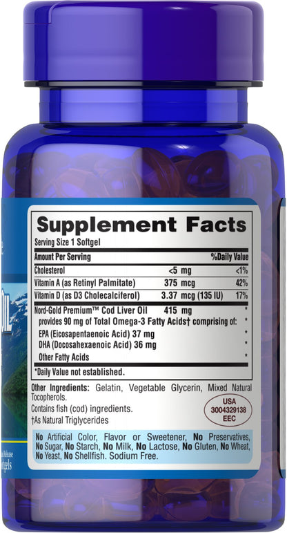 Puritan's Pride Cod Liver Oil 415 mg/ 100 Softgels / Item #001150