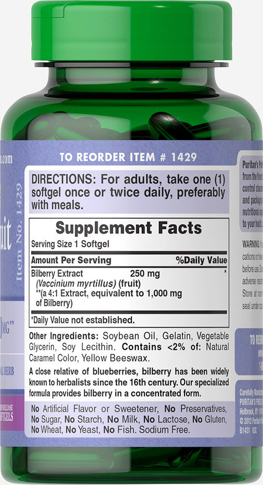 Puritan's Pride Bilberry 1000 mg/ 180 Softgels / Item #001429