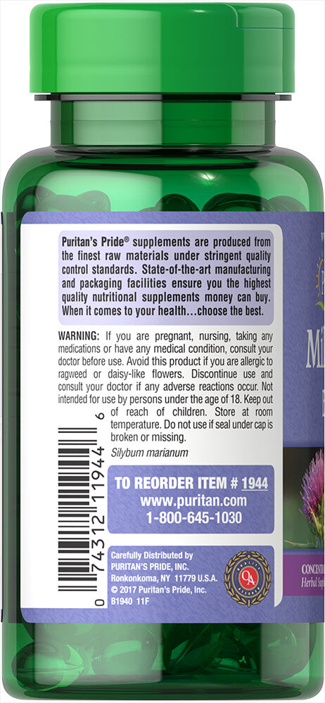 Puritan's Pride Milk Thistle 4:1 Extract 1000 mg (Silymarin) 1000 mg / 90 Softgels / Item #001944