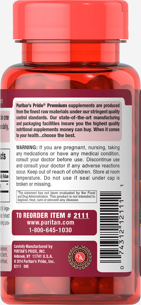 Puritan's Pride Lycopene 10 mg  / 100 Softgels / Item #002111