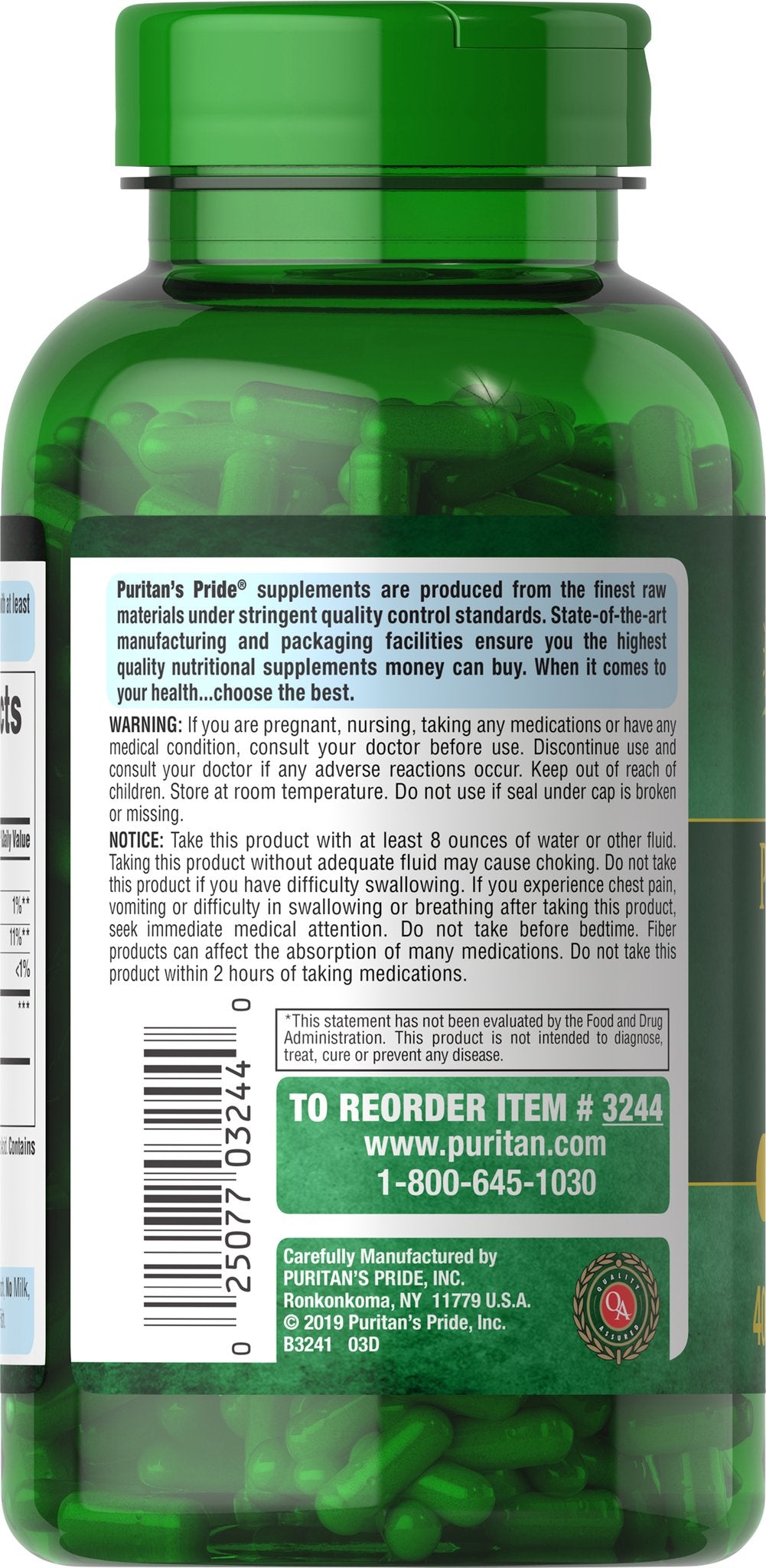 Puritan's Pride Psyllium Husks 500 mg / 400 Capsules / Item #003244