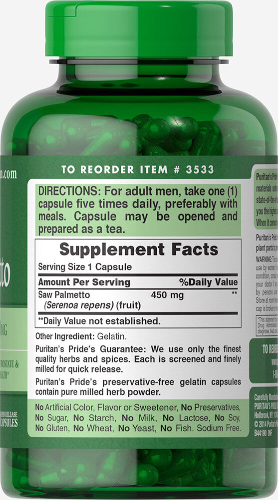 Puritan's Pride Saw Palmetto 450 mg 450 mg / 200 Capsules / Item #003533