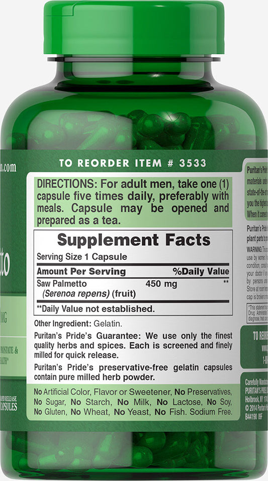 Puritan's Pride Saw Palmetto 450 mg 450 mg / 200 Capsules / Item #003533