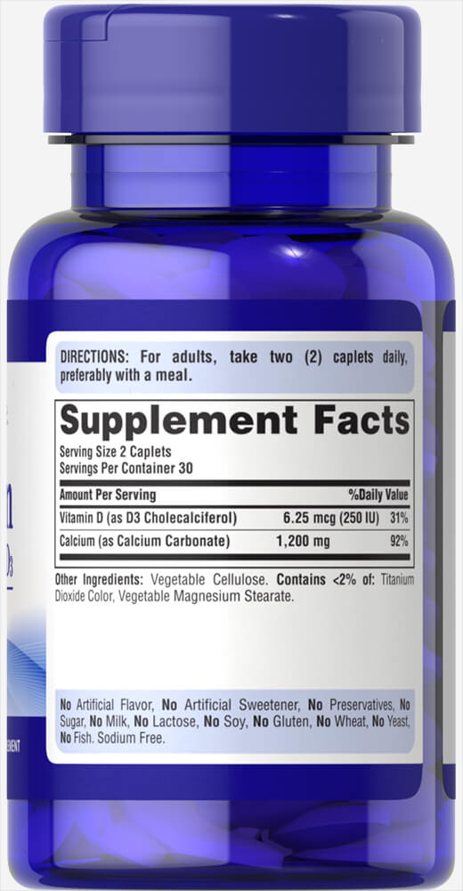 Puritan's Pride Calcium Carbonate 600 mg + Vitamin D 250 IU 600 mg / 60 Caplets / Item #004230
