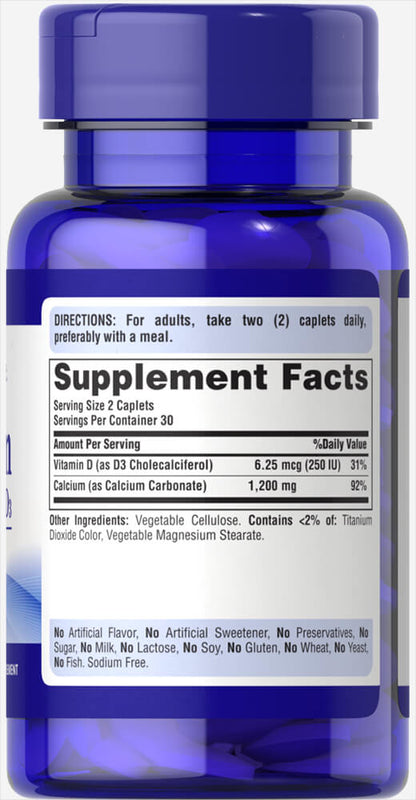 Puritan's Pride Calcium Carbonate 600 mg + Vitamin D 250 IU 600 mg / 60 Caplets / Item #004230