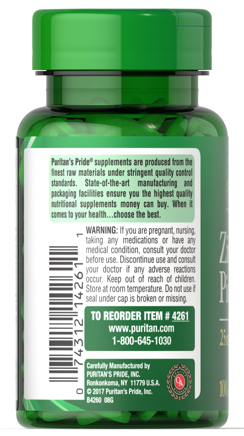 Puritan's Pride Zinc Picolinate 25 mg / 100 Caplets / Item #004261