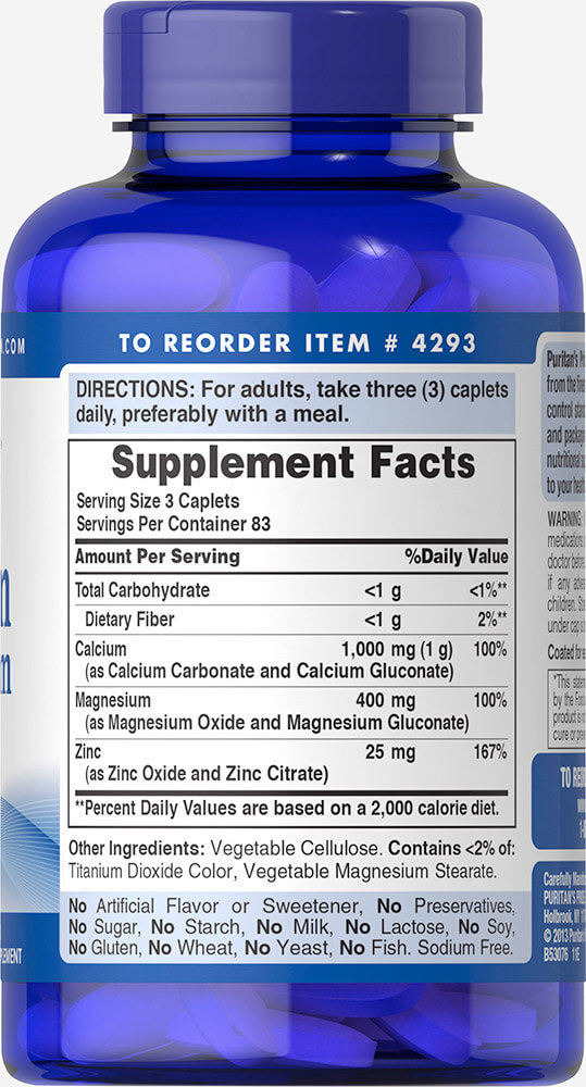Puritan's Pride Chelated Calcium Magnesium Zinc 1000 mg/400 mg/25 mg / 250 Caplets / Item #004293