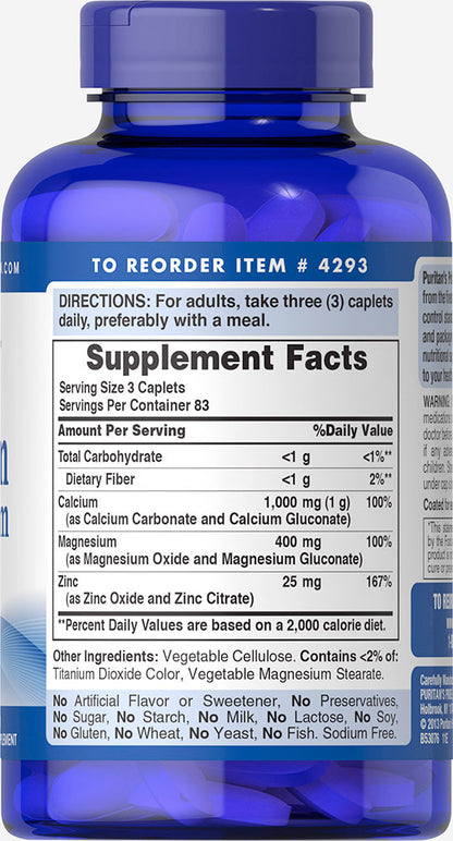 Puritan's Pride Chelated Calcium Magnesium Zinc 1000 mg/400 mg/25 mg / 250 Caplets / Item #004293
