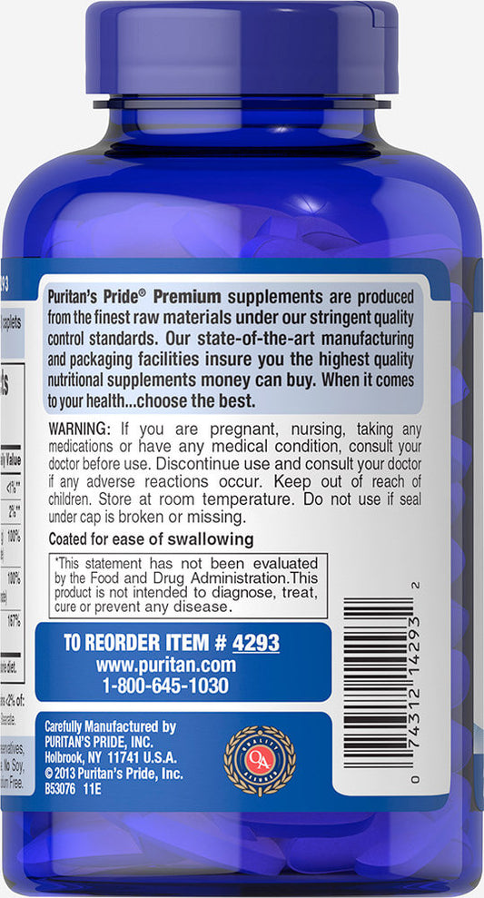 Puritan's Pride Chelated Calcium Magnesium Zinc 1000 mg/400 mg/25 mg / 250 Caplets / Item #004293