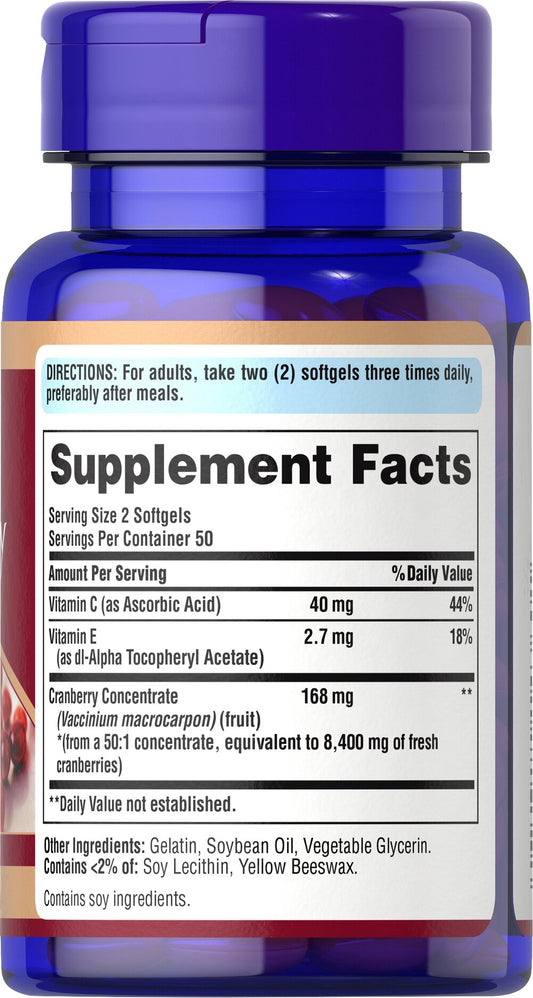Puritan's Pride Cranberry Fruit Concentrate with C & E 4200 mg / 100 Softgels / Item #004360