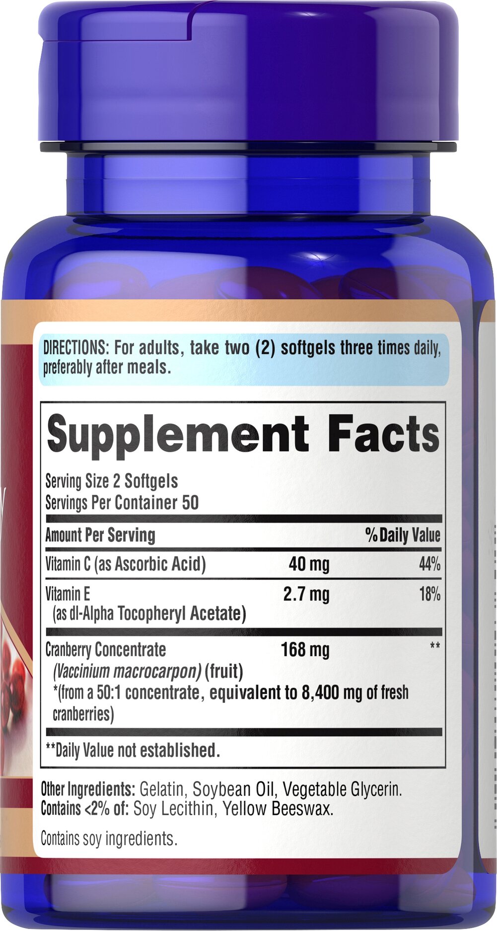 Puritan's Pride Cranberry Fruit Concentrate with C & E 4200 mg / 100 Softgels / Item #004360