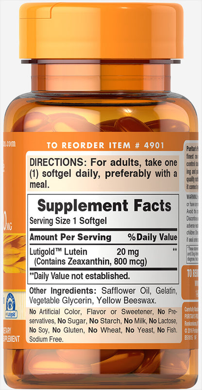 Puritan's Pride Lutein 20 mg with Zeaxanthin 20 mg / 60 Softgels / Item #004901