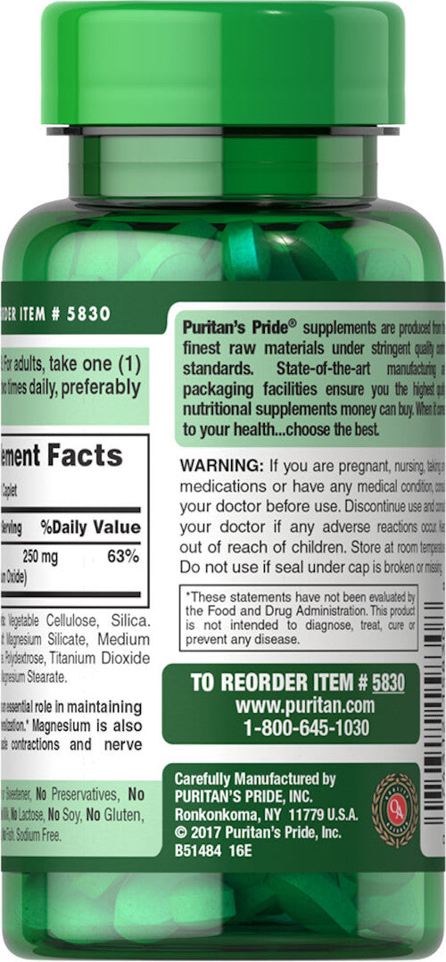 Puritan's Pride Magnesium 250 mg / 100 Caplets / Item #005830