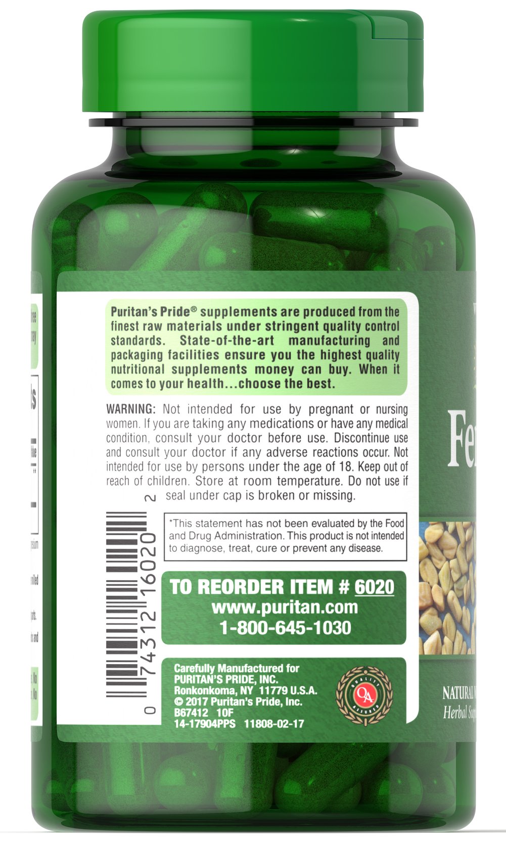 Puritan's Pride Fenugreek 610 mg / 100 Capsules / Item 006020