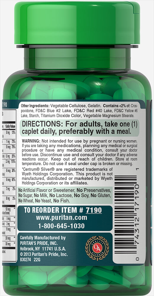 Puritan's Pride ABC Plus® Senior Multivitamin Multi-Mineral Formula 60 Caplets / Item #007190