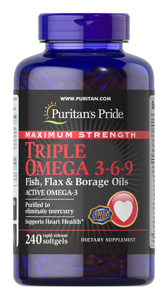 Puritan's Pride Maximum Strength Triple Omega 3-6-9 Fish, Flax & Borage Oils 240 Softgels / Item #010148
