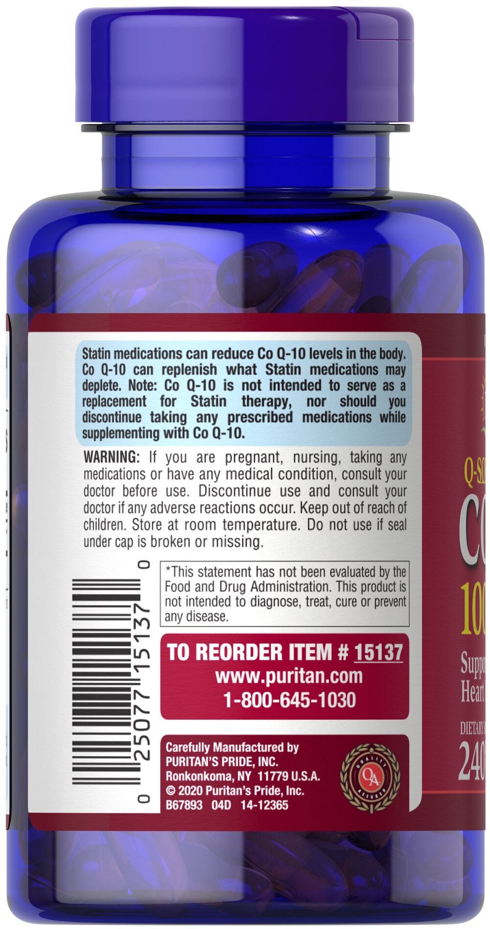 Puritan's Pride Co Q-10 100 mg / 240 Softgels / Item #015137
