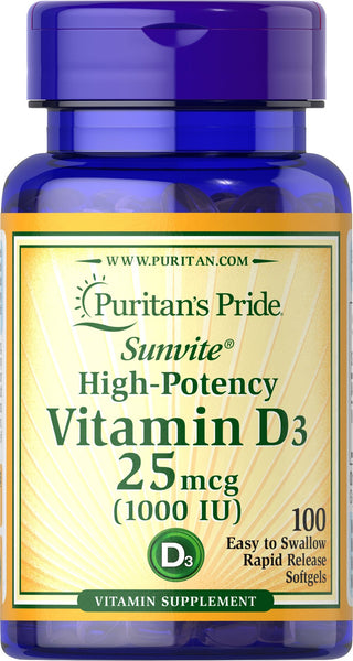Puritan's Pride Vitamin D3 25 mcg (1000 IU) / 100 Softgels / Item #015605
