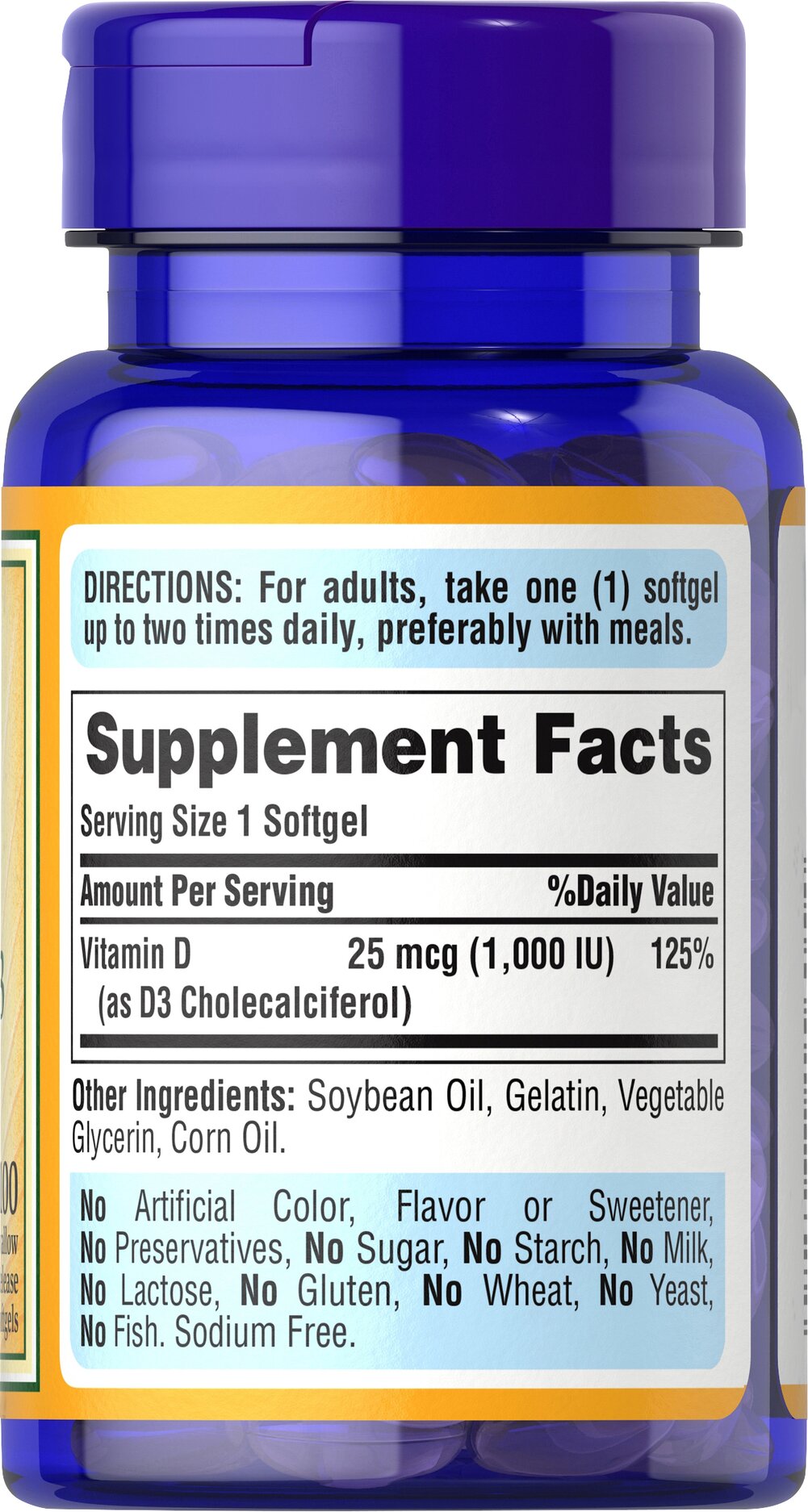 Puritan's Pride Vitamin D3 25 mcg (1000 IU) / 100 Softgels / Item #015605