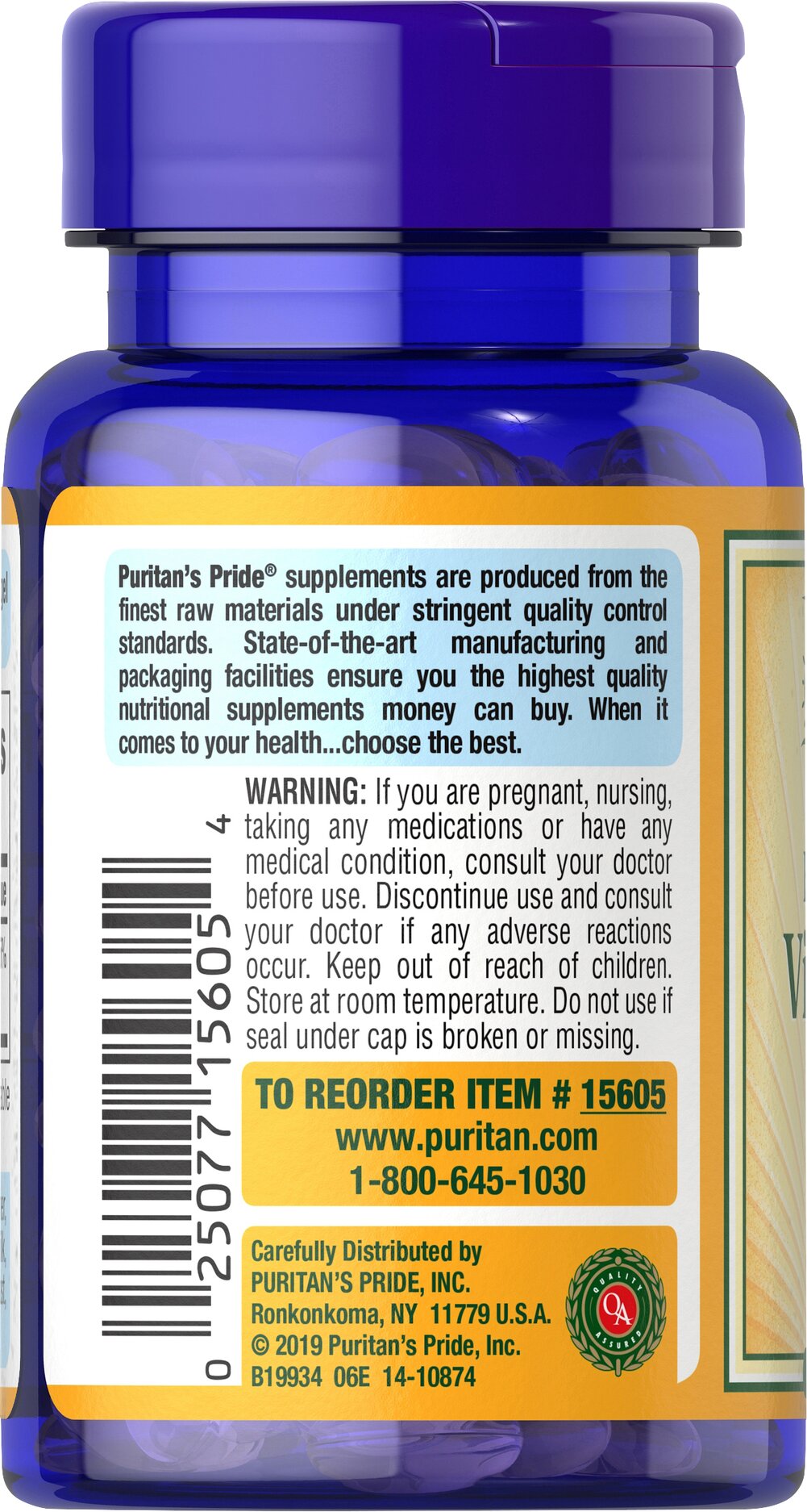 Puritan's Pride Vitamin D3 25 mcg (1000 IU) / 100 Softgels / Item #015605