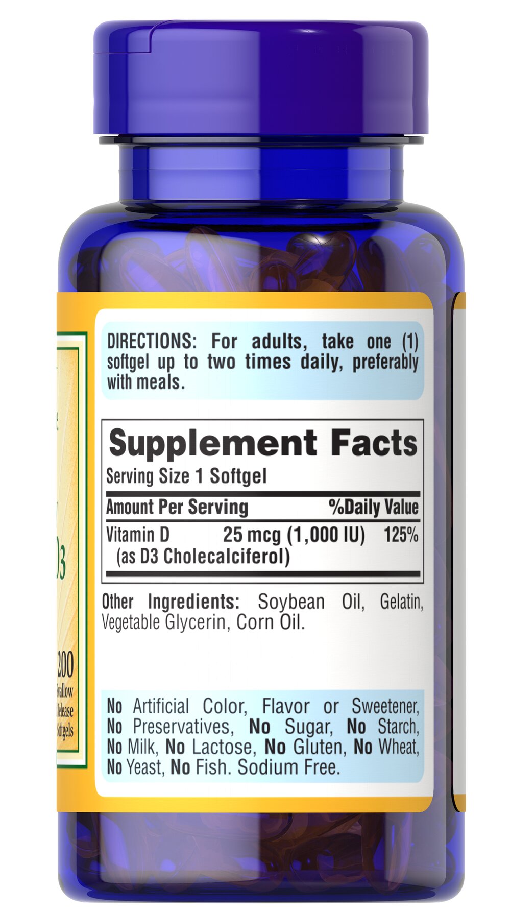 Puritan's Pride Vitamin D3 1000 IU / 200 Softgels / Item #015606