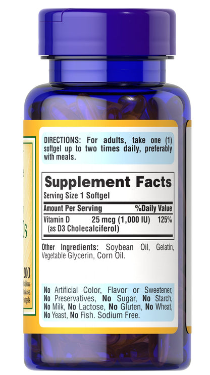 Puritan's Pride Vitamin D3 1000 IU / 200 Softgels / Item #015606