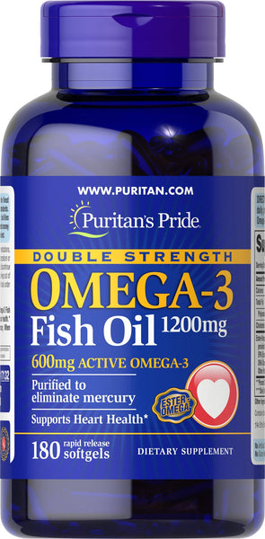 Puritan's Pride Double Strength Omega-3 Fish Oil 1200 mg/600 mg Omega-3 1200 mg / 180 Softgels / Item #017132